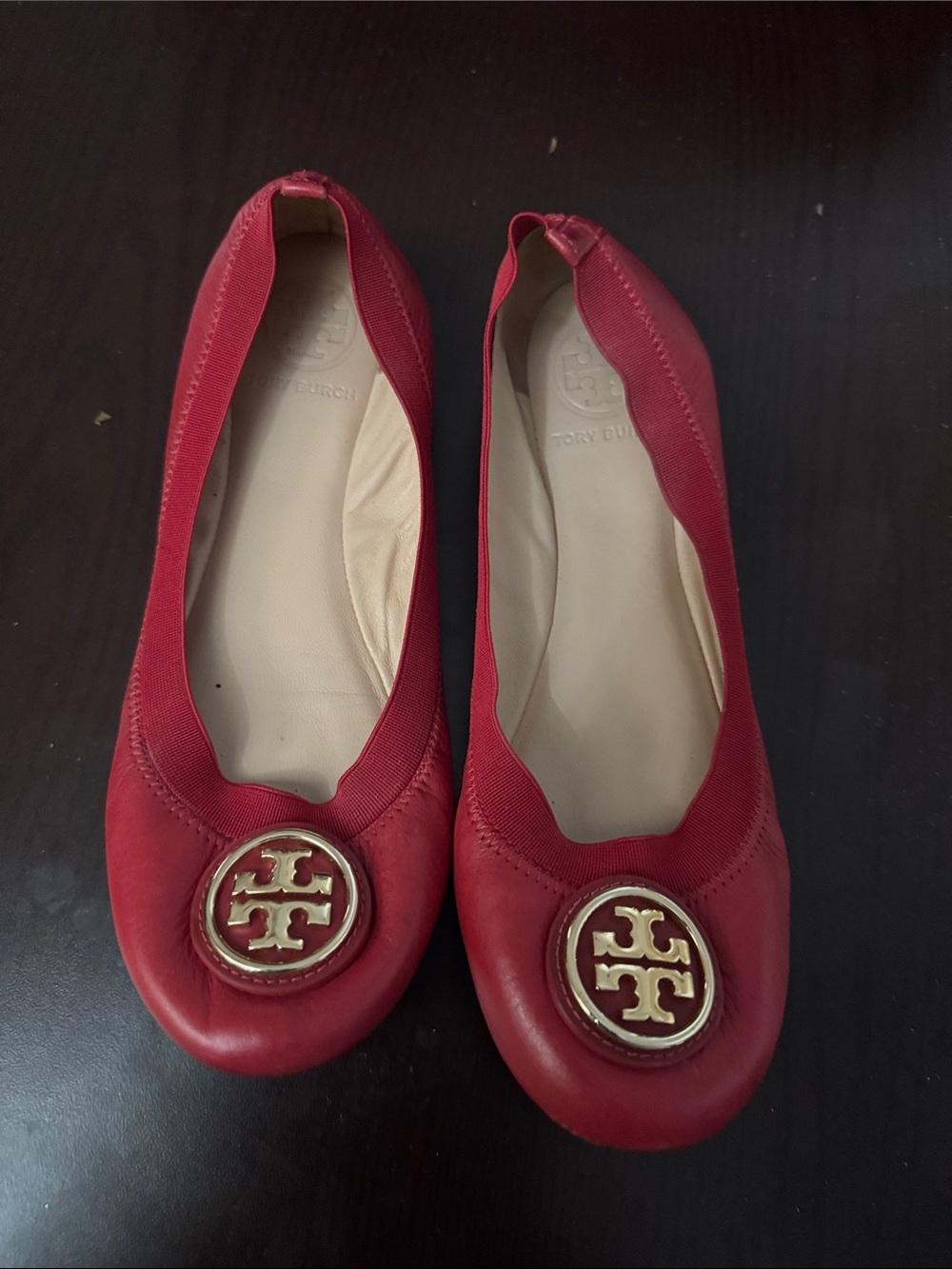 Tory Burch Red Leather Logo Round-Toe Ballet Flats